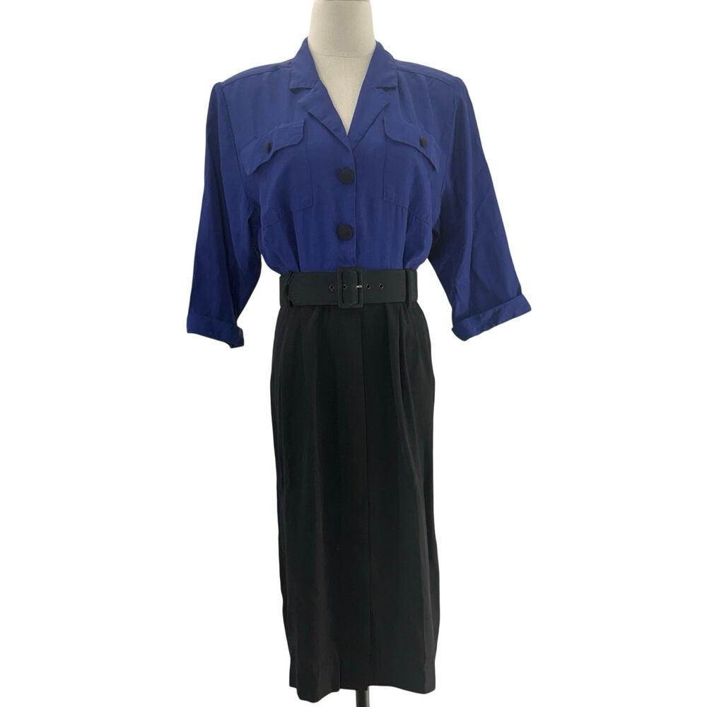 Vintage 80s Women's 8P Belted Dress Blue Black Office Chic USA Made